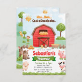 ファームアニマルズ納屋周囲の庭レッドトラクター誕生日 招待状 (正面/裏面)