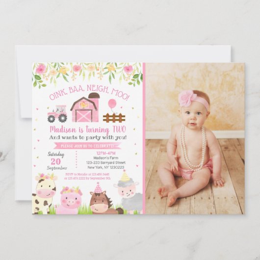 ファームアニマルズ納屋周囲の庭第2誕生日招待状 招待状 (正面)