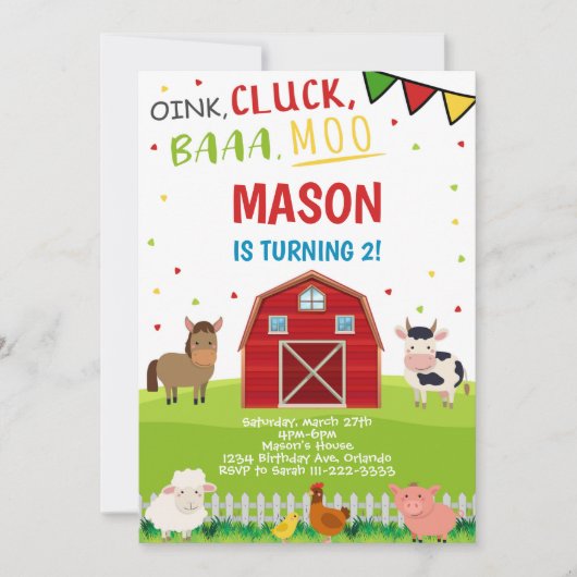 ファームアニマルズ納屋周囲の庭誕生日招待状 招待状 (正面)