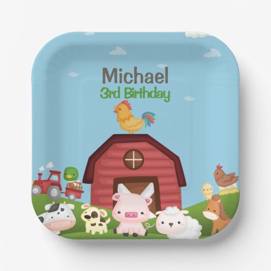 ファームアニマルズ納屋周囲の庭誕生日 ペーパープレート (正面)