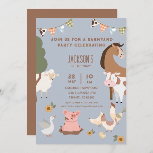 ファームアニマルズ納屋周囲の庭誕生日 招待状 (正面/裏面)