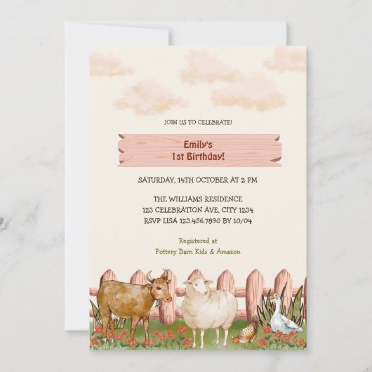 ファームアニマルズ納屋周囲の庭1st誕生日パーティー 招待状 (正面)