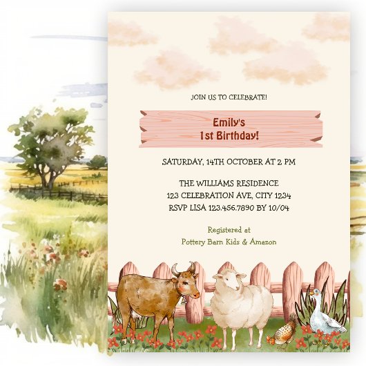 ファームアニマルズ納屋周囲の庭1st誕生日パーティー 招待状