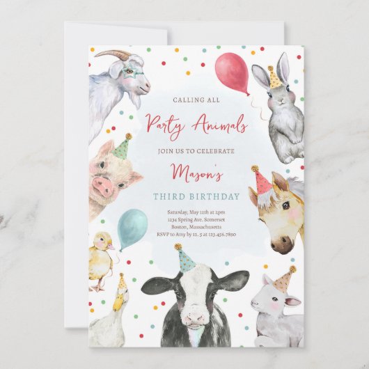 ファームアニマルズ誕生日ボーイ納屋周囲の庭誕生日パーティー 招待状 (正面)