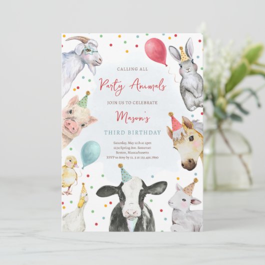 ファームアニマルズ誕生日ボーイ納屋周囲の庭誕生日パーティー 招待状 (スタンド正面)