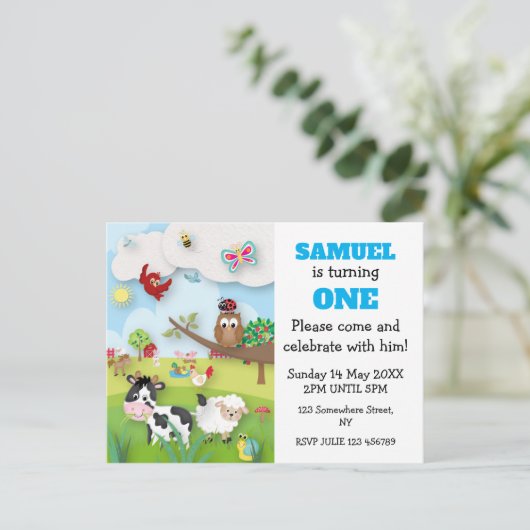 ファームアニマルズ誕生日招待状 ポストカード (スタンド正面)