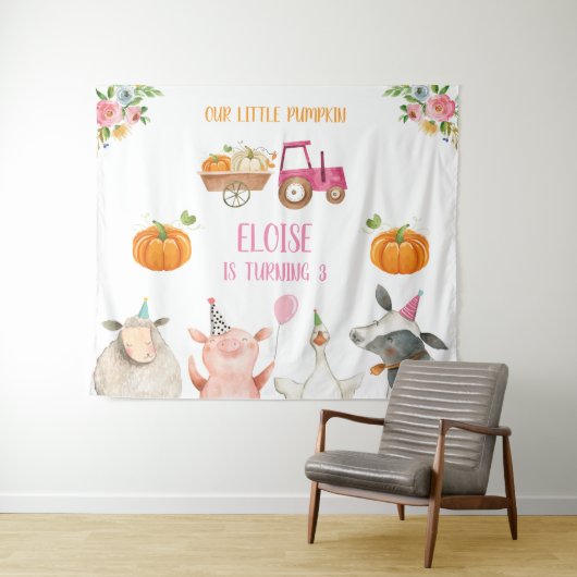 ファームアニマルズ誕生日納屋周囲の庭カボチャ秋バナー タペストリー (インサイチュ(横))