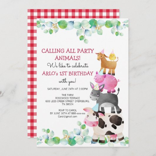 ファームアニマルズ誕生日納屋周囲の庭 招待状 (正面/裏面)