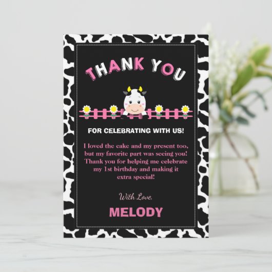 ファームアニマルズ1st誕生日パーティーガール納屋周囲の庭ピンク サンキューカード (スタンド正面)