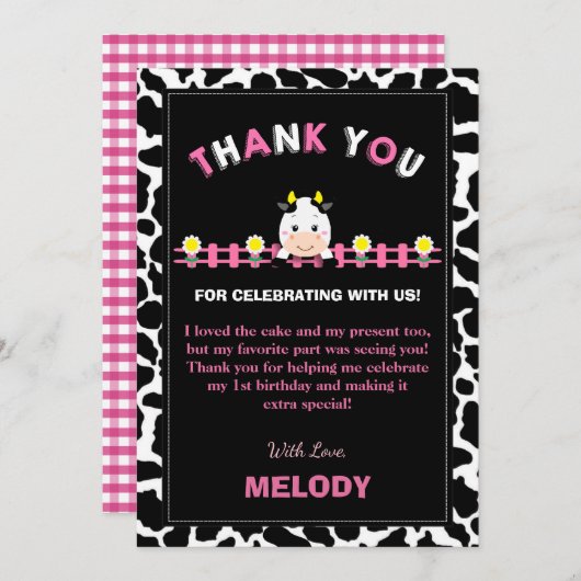 ファームアニマルズ1st誕生日パーティーガール納屋周囲の庭ピンク サンキューカード (正面/裏面)
