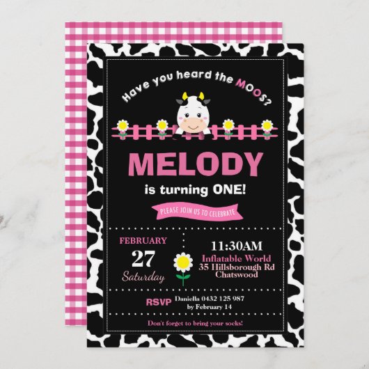 ファームアニマルズ1st誕生日パーティーガール納屋周囲の庭ピンク 招待状 (正面/裏面)