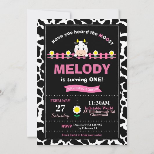 ファームアニマルズ1st誕生日パーティーガール納屋周囲の庭ピンク 招待状 (正面)