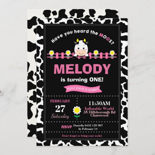 ファームアニマルズ1st誕生日パーティーガール納屋周囲の庭ピンク 招待状 (正面/裏面)