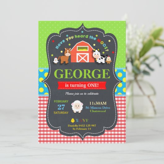ファームアニマルズ1st誕生日パーティーボーイ納屋周囲の庭 招待状 (スタンド正面)
