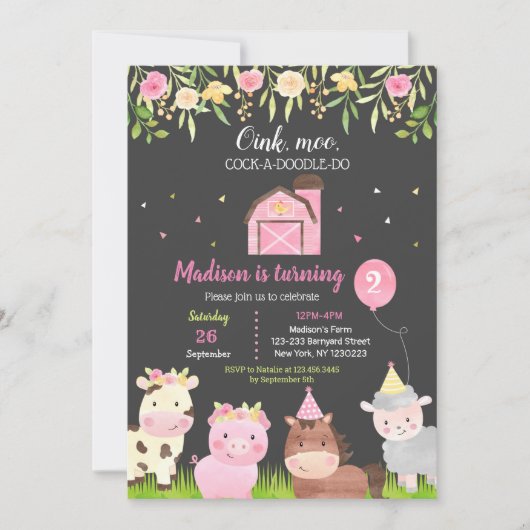 ファームアニマルズ2nd誕生日パーティの招待状ガール 招待状 (正面)