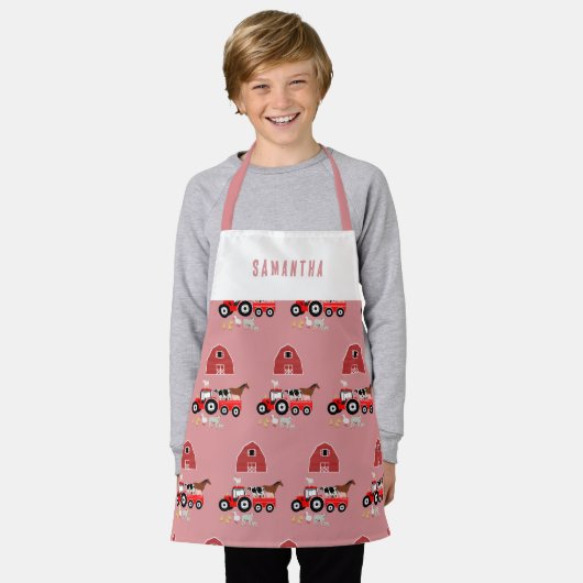 ファームアニマルズ&レッドトラクター納屋周囲の庭ガールズパターン エプロン (着用した状態)