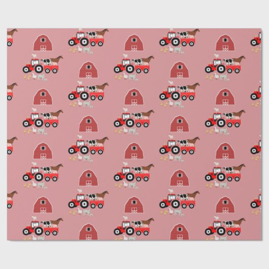 ファームアニマルズ&レッドトラクター納屋周囲の庭ガールズパターン ラッピングペーパー (フラット)