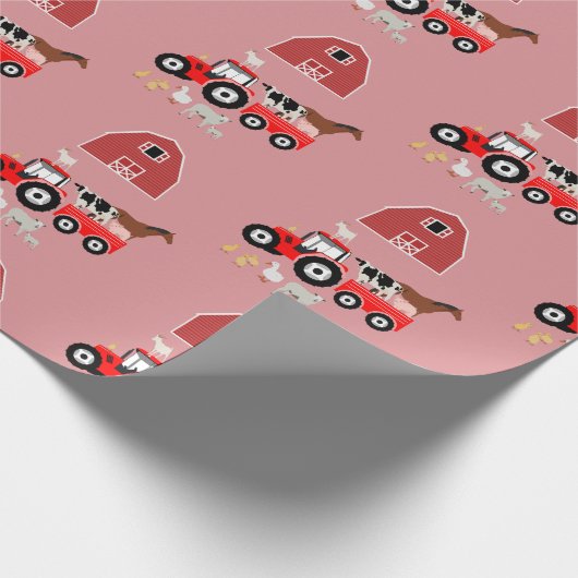 ファームアニマルズ&レッドトラクター納屋周囲の庭ガールズパターン ラッピングペーパー (角)