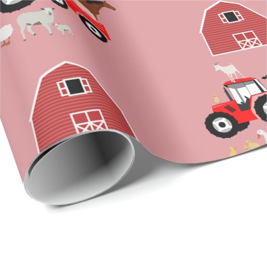 ファームアニマルズ&レッドトラクター納屋周囲の庭ガールズパターン ラッピングペーパー (ロールコーナー)