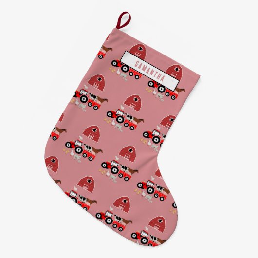 ファームアニマルズ&レッドトラクター納屋周囲の庭ガールズパターン ラージクリスマスストッキング (正面 (吊り時))