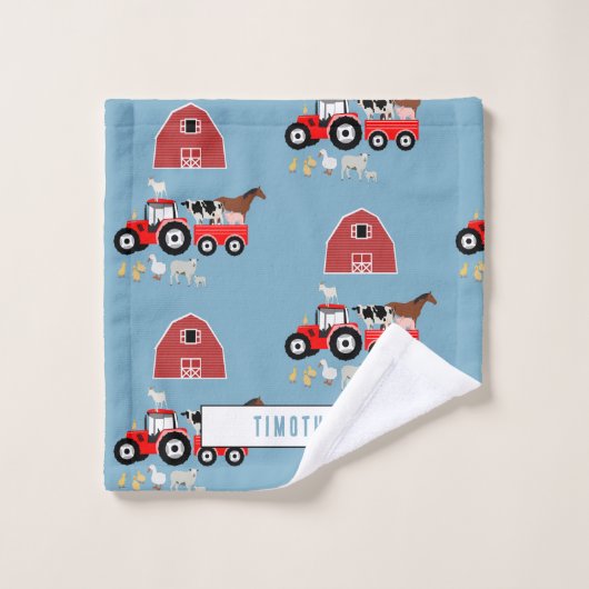 ファームアニマルズ&レッドトラクター納屋周囲の庭ボーイズパターン バスタオルセット (ウォッシュタオル)