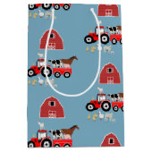 ファームアニマルズ&レッドトラクター納屋周囲の庭ボーイズパターン ミディアムペーパーバッグ (正面)