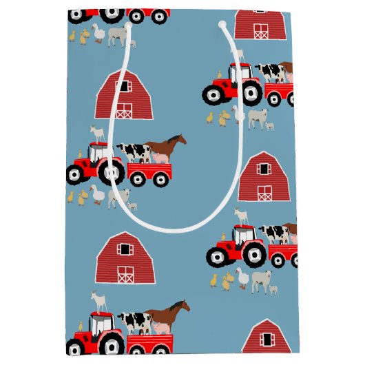 ファームアニマルズ&レッドトラクター納屋周囲の庭ボーイズパターン ミディアムペーパーバッグ (正面)