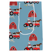 ファームアニマルズ&レッドトラクター納屋周囲の庭ボーイズパターン ミディアムペーパーバッグ (裏面)