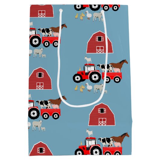 ファームアニマルズ&レッドトラクター納屋周囲の庭ボーイズパターン ミディアムペーパーバッグ (裏面)