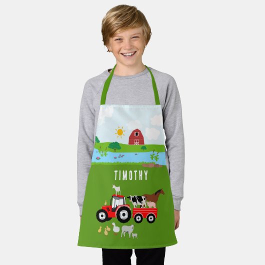 ファームアニマルズ&レッドトラクター納屋周囲の庭名前をカスタムする エプロン (着用した状態)