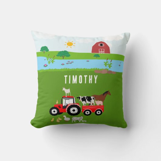 ファームアニマルズ&レッドトラクター納屋周囲の庭名前をカスタムする クッション (正面)