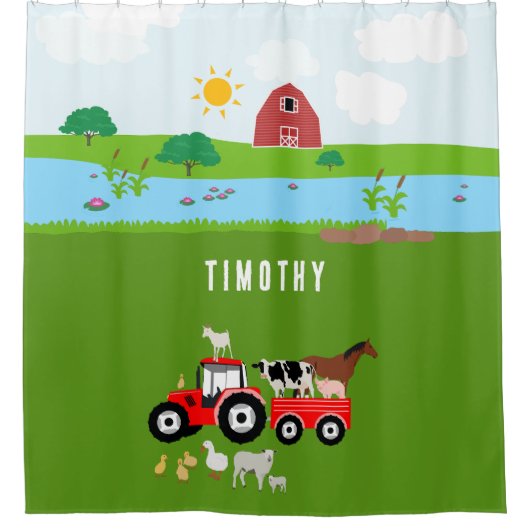 ファームアニマルズ&レッドトラクター納屋周囲の庭名前をカスタムする シャワーカーテン (正面)