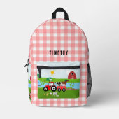 ファームアニマルズ&レッドトラクター納屋周囲の庭名前をカスタムする プリントバックパック (正面)