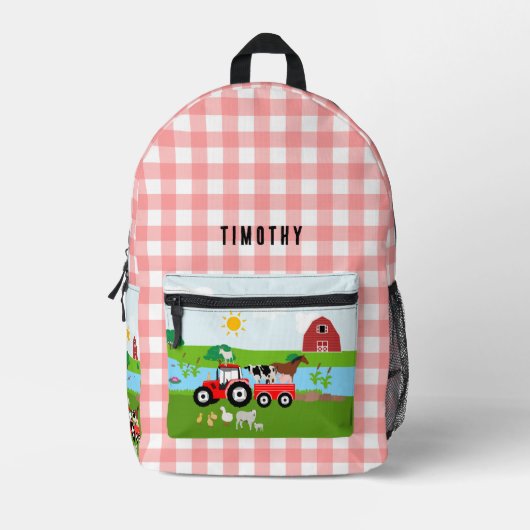 ファームアニマルズ&レッドトラクター納屋周囲の庭名前をカスタムする プリントバックパック (正面)