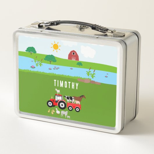 ファームアニマルズ&レッドトラクター納屋周囲の庭名前をカスタムする メタルランチボックス (裏面)