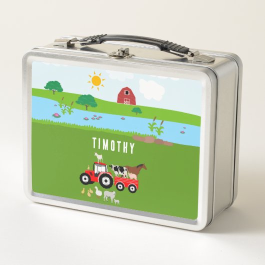 ファームアニマルズ&レッドトラクター納屋周囲の庭名前をカスタムする メタルランチボックス (正面)