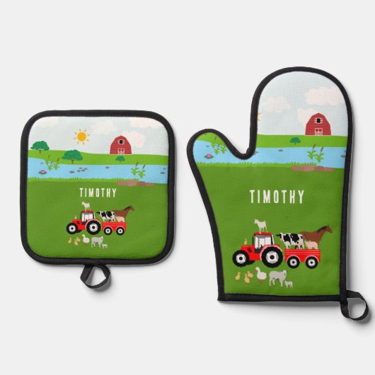 ファームアニマルズ&レッドトラクター納屋周囲の庭名前をカスタムする 鍋つかみ&鍋敷きセット (正面)