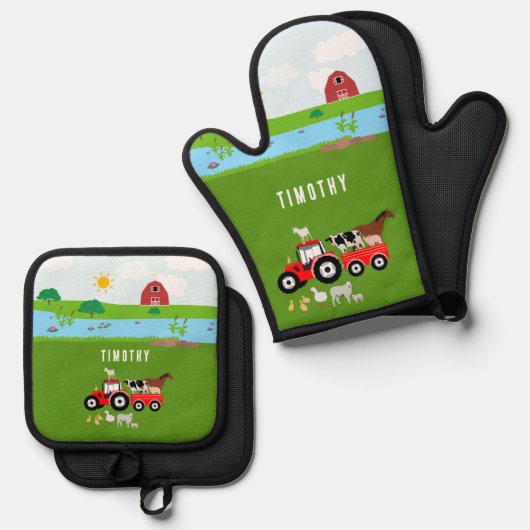 ファームアニマルズ&レッドトラクター納屋周囲の庭名前をカスタムする 鍋つかみ&鍋敷きセット (正面/裏面)