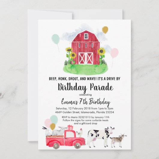 ファームアニマルドライブバイ誕生日パレード 招待状 (正面)