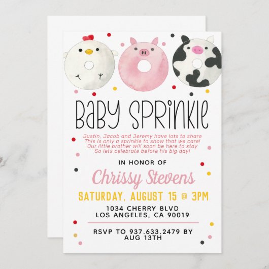 ファームアニマルドーナツベビー散水シャワー招待状 招待状 (正面/裏面)