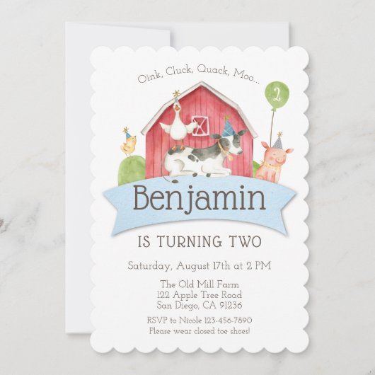 ファームアニマルバースデーパーティレッドチェック招待状 招待状 (正面)