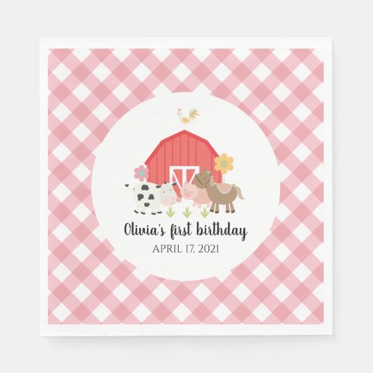 ファームアニマルバースデーパーティーナプキンズピンクプレイド スタンダードランチョンナプキン (正面)