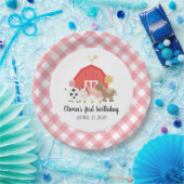 ファームアニマルバースデーパーティープレートピンクプレイド ペーパープレート (パーティー)