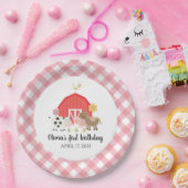 ファームアニマルバースデーパーティープレートピンクプレイド ペーパープレート (パーティー)
