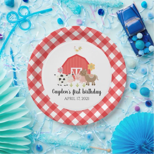 ファームアニマルバースデーパーティープレートレッドプレイド ペーパープレート (パーティー)