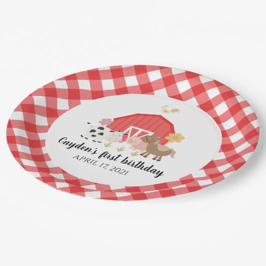 ファームアニマルバースデーパーティープレートレッドプレイド ペーパープレート (アングル)