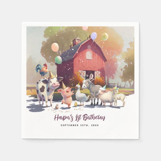 ファームアニマルバースデーパーティー紙 スタンダードカクテルナプキン (正面)
