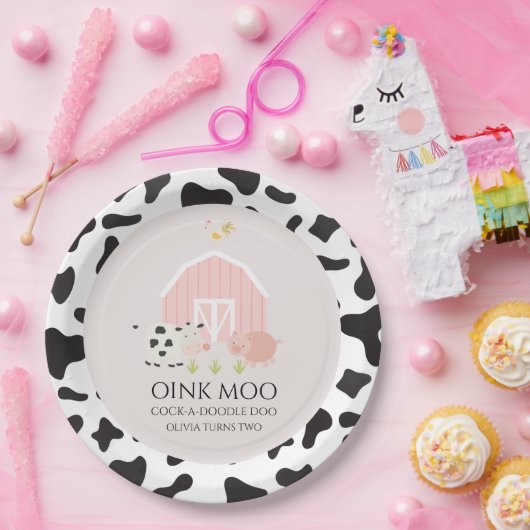 ファームアニマルピンクバースデーパーティープレート牛プリント ペーパープレート (パーティー)
