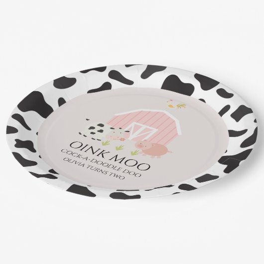 ファームアニマルピンクバースデーパーティープレート牛プリント ペーパープレート (アングル)