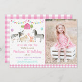 ファームアニマルピンク金ゴールドバルーン誕生日 招待状 (正面/裏面)